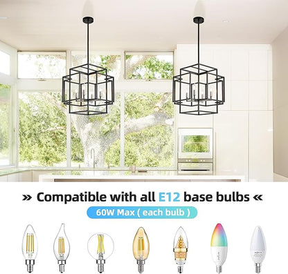 4-Light Metal Lantern Tiered Pendant Hanging Light Fixtures, Industrial Farmhouse Chandeliers for Entryway, Dinning Room Chandelier for Kitchen Island Foyer Hallway, Black & Brushed Nickel