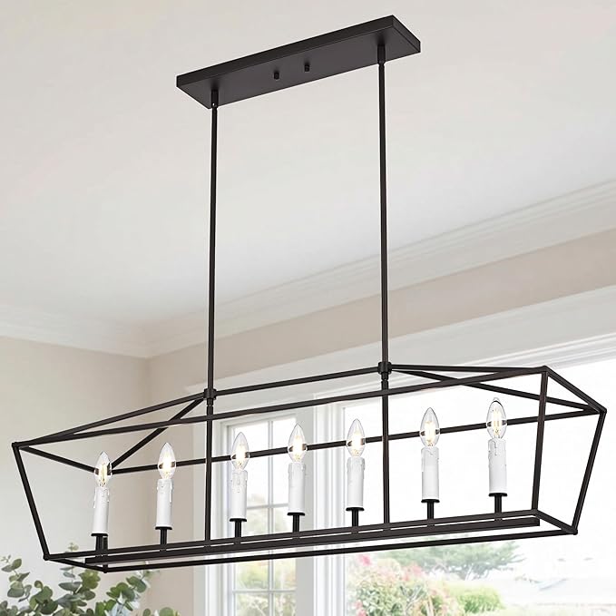 VINLUZ 7 Light Dining Room Chandelier in Black and White Finish,E12 Classic Kitchen Island Pendant Lighting Fixture Adjustable Height for Living Room Bedroom