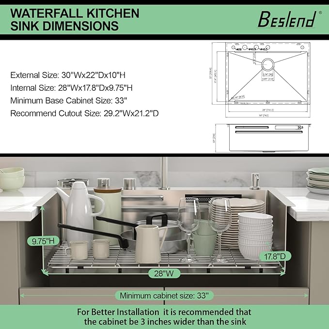 30 inch Drop In Kitchen Sink - Beslend 30x22x10 Waterfall Sink with Pull-Down Faucet 16 Gauge Stainless Steel, Double Track Workstation Kitchen Sinks with Faucet Combo, Handmade Dish Basin