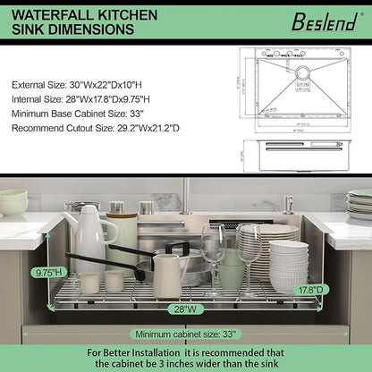 30 inch Drop In Kitchen Sink - Beslend 30x22x10 Waterfall Sink with Pull-Down Faucet 16 Gauge Stainless Steel, Double Track Workstation Kitchen Sinks with Faucet Combo, Handmade Dish Basin