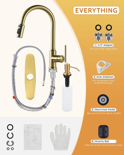 WOWOW Kitchen Faucets with Pull Down Sprayer, Gold Kitchen Faucet with Sprayer, 304 Stainless Steel High Arc Single Handle Pull Down Kitchen Faucet for Kitchen Sink Faucet with Soap Dispenser