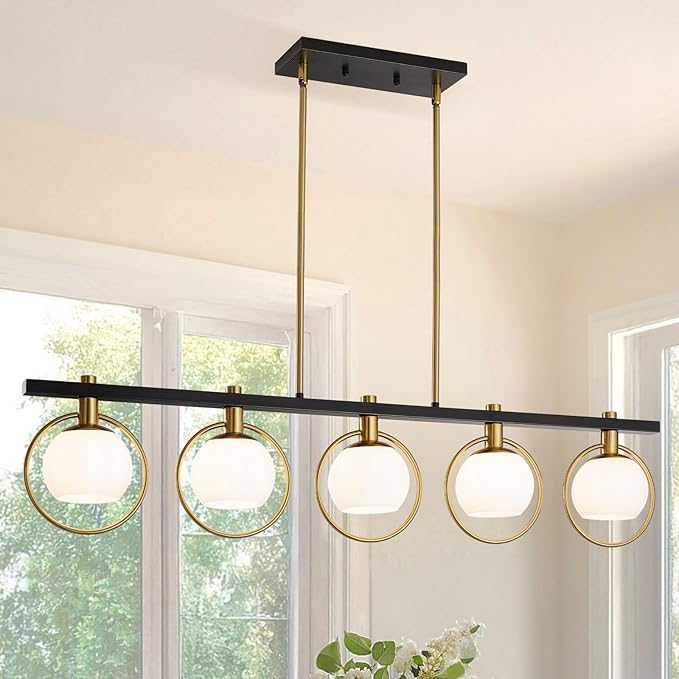 WJShome Black and Gold Farmhouse Chandelier, Dining Room Light Fixture Over Table, 5-Light Kitchen Island Lighting, Adjustable Height Linear Chandeliers, with Milk Glass Shades