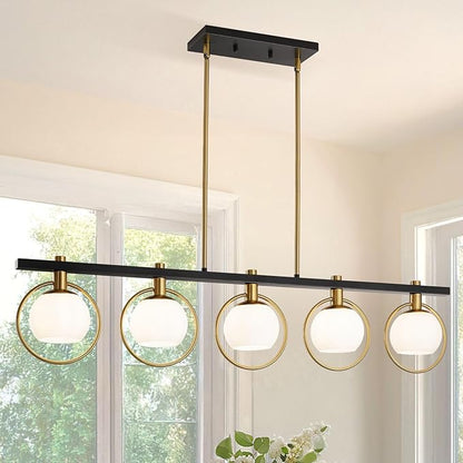 WJShome Black and Gold Farmhouse Chandelier, Dining Room Light Fixture Over Table, 5-Light Kitchen Island Lighting, Adjustable Height Linear Chandeliers, with Milk Glass Shades