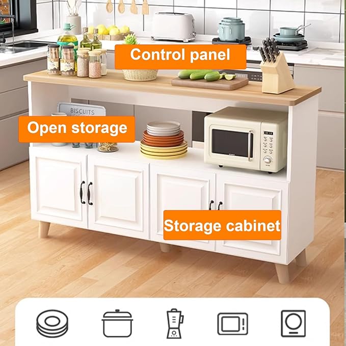 Farmhouse Kitchen Island with Cabinets Sideboard Buffet Cabinet Kitchen Coffee Bar TV Stand Cabinet Muebles para Cosina Open Shelving and Closed Cabinets Doors(140x30cm/55.12x11.81in)