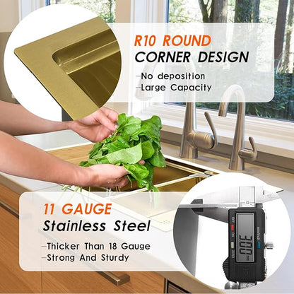 Gold Kitchen Sink Workstation, 30"x 18" Stainless Steel Single Bowl Kitchen Sink Workstation Undermount Or Top mount Workstation Sink With Matching Gold-tone Accessories For Luxurious Modern Kitchen