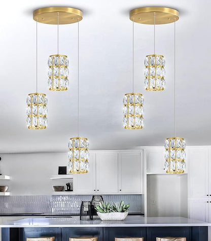 3-Lights Modern Crystal Pendant Lights for Kitchen Island LED Dimmable Glam Pendant Lighting Chandelier for Dining Room Hallway Corner Lamp Gold