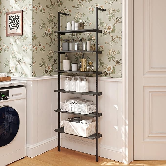 Giantex 6-Tier Ladder Shelves Set of 2, 72" Wall Mounted Bookshelf with Metal Frame, Industrial Open Storage Shelves, Wooden Bookcase Display Rack for Living Room, Home Office, Bedroom, Gray