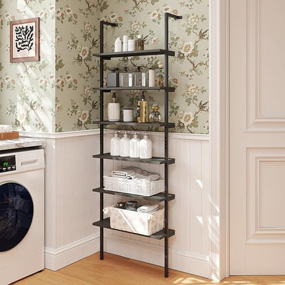 Giantex 6-Tier Ladder Shelf, 72" Wall Mounted Bookshelf with Metal Frame, Industrial Open Storage Shelves, Wooden Bookcase Display Rack for Living Room, Home Office, Bedroom,Gray