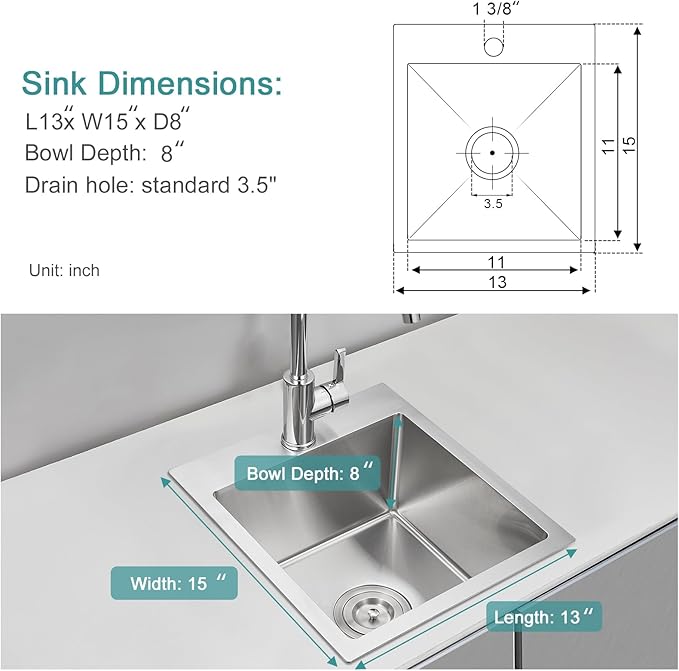 13 × 15 x 8 inch Drop in Bar Sink, Topmount Small Kitchen Sink Single Bowl, Handmade T-304 Stainless Steel Overmount Kitchen Bar Sink with Basket Strainer
