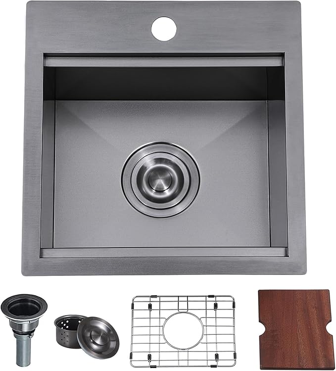 VAPSINT 15x15 Inch Black Drop In Bar Sink Workstation, Top Mount Single Bowl Small Kitchen Sink,Stainless Steel Handmade Gunmetal BlackBar Sink for Outdoor Prep RV Laundry with Grid & Cutting Board