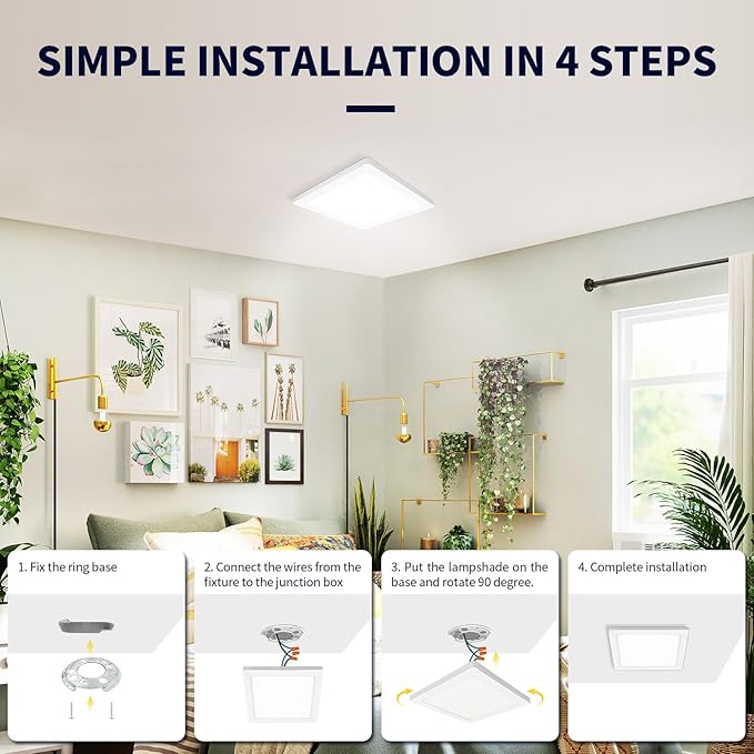 mw 4 Pack 9 Inch Square LED Flush Mount Ceiling Light, White Slim LED Ceiling Lights, Dimmable 18W, 210V, 3000K/4000K/5000K, for Bedroom, Kitchen, Bathroom, ETL Listed, Each Side is 8.43"
