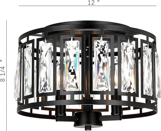 Crystal Ceiling Light Flush Mount for Bedroom, Kitchen Island Crystal Drum Shade Lighting Fixture, 3-Light Black Ceiling Lamp for Dining Room