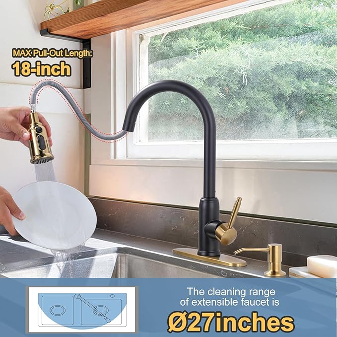 Black Gold Kitchen Faucet with Soap Dispenser, WOWOW Stainless Steel Kitchen Faucet for Sink 2 or 4 Hole, High Arc Vintage Kitchen Sink Faucet with Pull Down Sprayer
