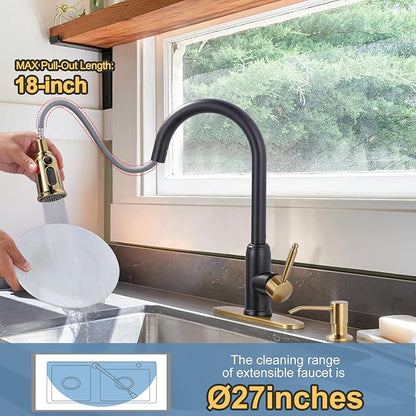 Black Gold Kitchen Faucet with Soap Dispenser, WOWOW Stainless Steel Kitchen Faucet for Sink 2 or 4 Hole, High Arc Vintage Kitchen Sink Faucet with Pull Down Sprayer