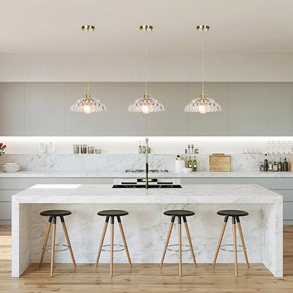 Glass Pendant Light Vintage Light Fixtures, Clear Glass Pendant Lights Kitchen Island, Hanging Pendant Lights with Brass Gold Metal for Dining Room Bedroom Foyer Entryway Hallway