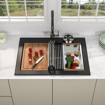 30 Granite Composite Kitchen Sink - Beslend 30x22 Drop In Black Kitchen Sink with High Pressure Glass Rinser, Granite Composite Worksation Black Sinks Easy Clean Quartz Basin for Kitchen Remodel