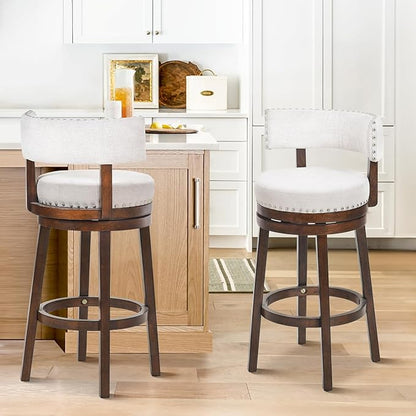 COLAMY Swivel Bar Stool Set of 2, Bar Height Bar Chair, Modern Barstool with Back, Upholstered Wood Barstool for Kitchen Island Dining Room, Beige