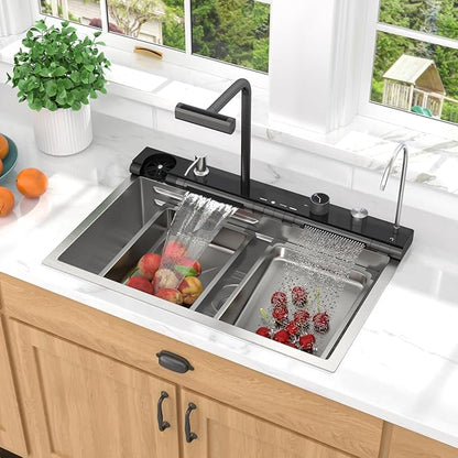 Smart Waterfall Kitchen Sink, 30" Drop-In Single Bowl 16 Gauge 304 Stainless Steel Workstation Sink with Mechanical Control Panel & Pull-Down Faucet for New house Decoration or Renovation