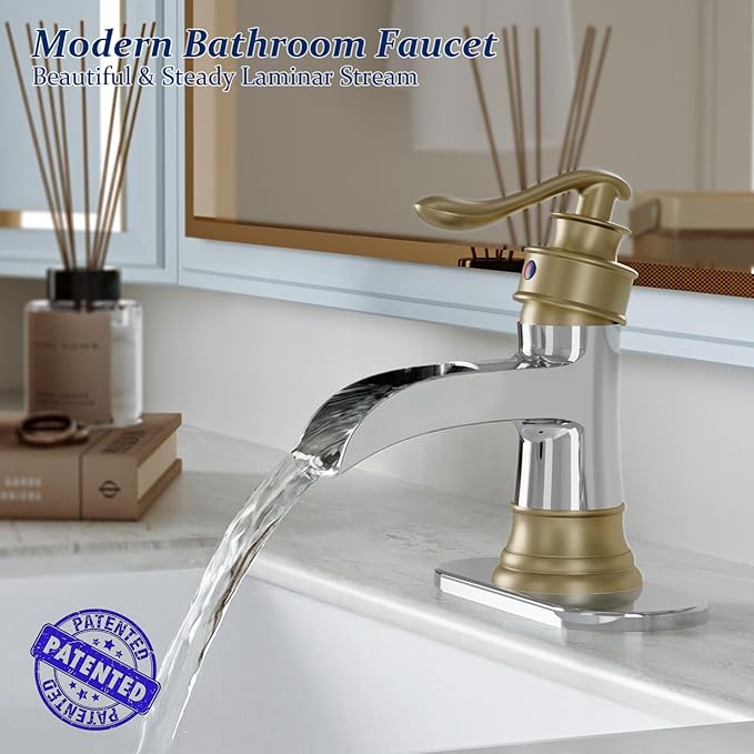 BWE Bathroom Faucet Waterfall Single Handle Chrome and Gold Vanity with Pop Up Drain Stopper with Overflow One Hole Lever Bath Sink Basin Restroom Mixer Tap Commercial Supply Line