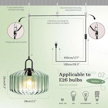 Light Green Hanging Lamp Plug-in Pendant Lights Vintage Pendant Lamps with 14.7 ft Cord Modern Glass Hanging Light Plug in Chandelier Lighting Large Striped Shade Mid Century Swag Lamp
