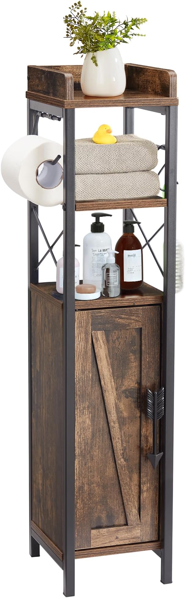 VECELO Small Bathroom Storage Cabinet, Slim Toilet Paper Holder with Shelves & Metal Racks, Organizer Cabinet for Narrow Spaces, Rustic Brown, Farmhouse Style