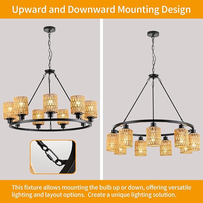 9-Light 32" Boho Rattan Chandeliers for Dining Room,Farmhouse Wagon Wheel Chandeliers,Adjustable Height Hanging Round Pendant Lighs for Kitchen Island,Wicker Lampshade Chandelier Light Fixture