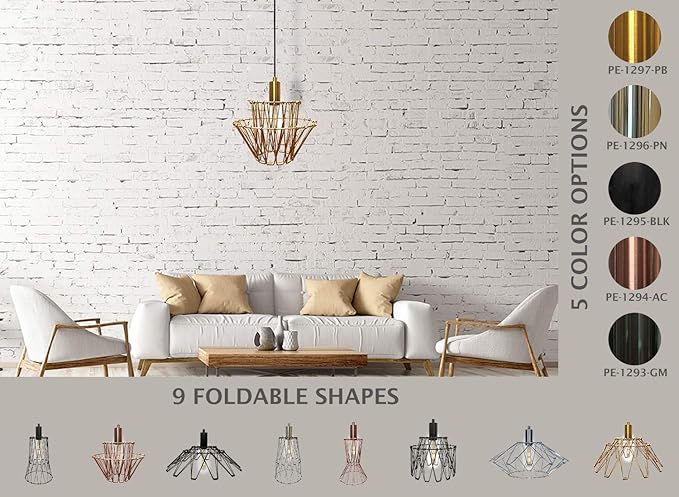 Royal Designs, Inc. Foldable Industrial Metal Pendant Light with Adjustable 7 ft Long Lamp Cord & Canopy, Create 9 Different Shapes, Polished Brass, Single