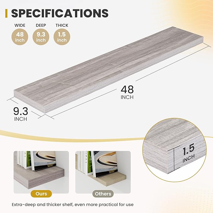 Acovy 48 Inch Floating Shelves, 9.3" Deep Floating Shelf Wall Mounted, 48" Wall Shelves, Rustic Deep Bookshelf, Large Display Shelves & Storage Shelves for Bedroom, Living Room, Gray, Set of 1