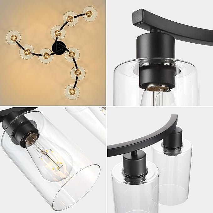Sigaitwei 9-Light Modern Farmhouse Chandelier，29.5" Black Dining Room Light Fixture，Industrial Pendant Lights Kitchen Island,Metal Bracket with Downward Clear Glass Shade