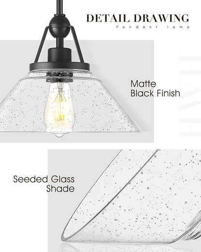 Black Pendant Light, HWH Hanging Light Fixtures for Dining Room, Bedroom, Glass Pendant Light for Kitchen Island with Seeded Glass, 5HYS89MIL-G1 BK