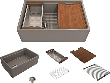BOCCHI Contempo Workstation Apron Front Step Rim Fireclay 30 in. Single Bowl Kitchen Sink with Accessories in Matte Gray