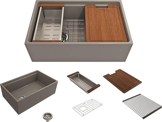BOCCHI Contempo Workstation Apron Front Step Rim Fireclay 30 in. Single Bowl Kitchen Sink with Accessories in Matte Gray