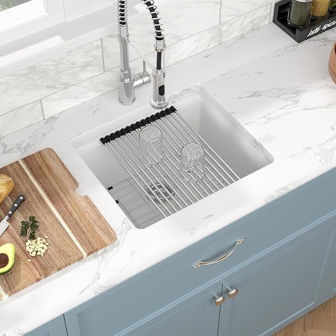 Sarlai 21 Granite Composite White Kitchen Sink - 21 x 18 inch Bar Prep Workstation Sink White Granite Composite Quartz Undermount Single Bowl Rectangular RV Camper Sinks Basin