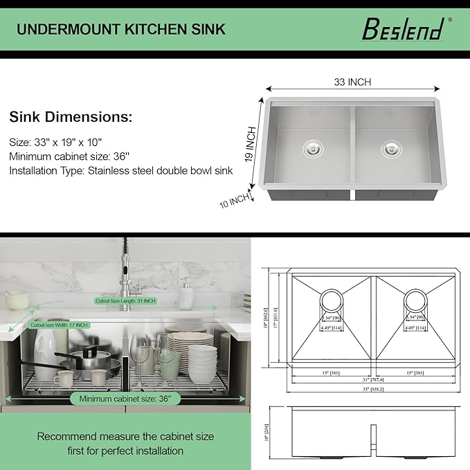 33 Undermount Kitchen Sink - 33x19 Double Bowl Kitchen Sinks Workstation 16 Gauge Stainless Steel Sink Low Divide Double Basin 50/50
