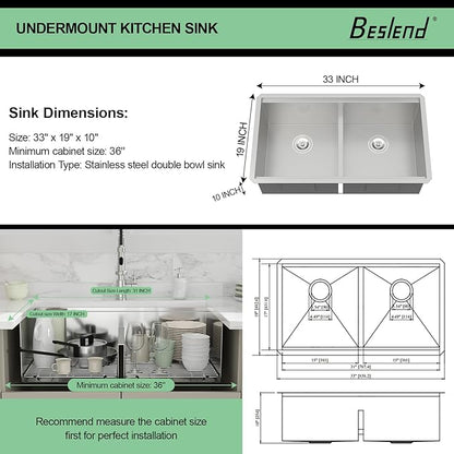 33 Undermount Kitchen Sink - 33x19 Double Bowl Kitchen Sinks Workstation 16 Gauge Stainless Steel Sink Low Divide Double Basin 50/50