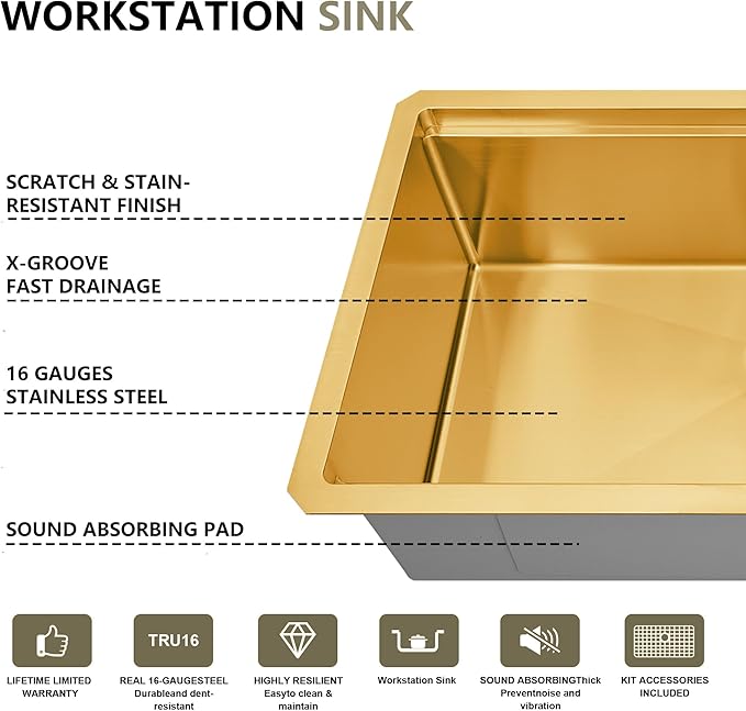33 Inch Gold Undermount Kitchen Sink, NANO-PVD 304 Stainless Steel Sinks 16 Gauge Single Bowl Ledge Workstation With Accessories, 33"x19"x9" Inch Large and Deep Basin