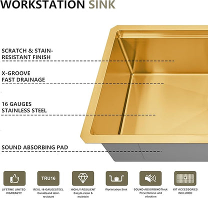 33 Inch Gold Undermount Kitchen Sink, NANO-PVD 304 Stainless Steel Sinks 16 Gauge Single Bowl Ledge Workstation With Accessories, 33"x19"x9" Inch Large and Deep Basin
