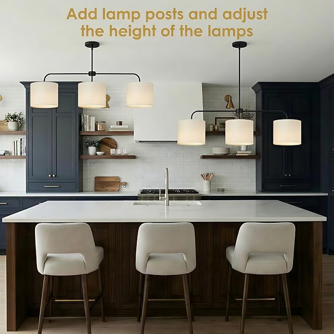 3-Light Black Linear Chandelier with Linen Beige Drum Shades, Modern Pendant Light Fixture for Kitchen Island, Dining Room, Living Room, Bedroom, E26 Base Compatible