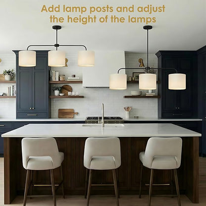3-Light Black Linear Chandelier with Linen Beige Drum Shades, Modern Pendant Light Fixture for Kitchen Island, Dining Room, Living Room, Bedroom, E26 Base Compatible