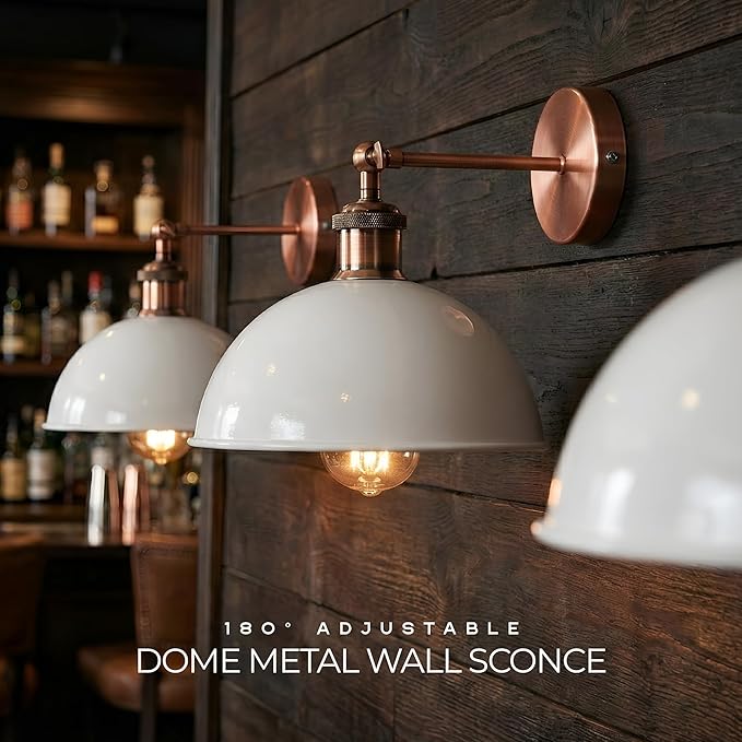 Dome Metal Wall Sconce, 180° Adjustable Industrial Wall Lamp for Bedside, Study, Kitchen, and Living Room Décor. (White_)