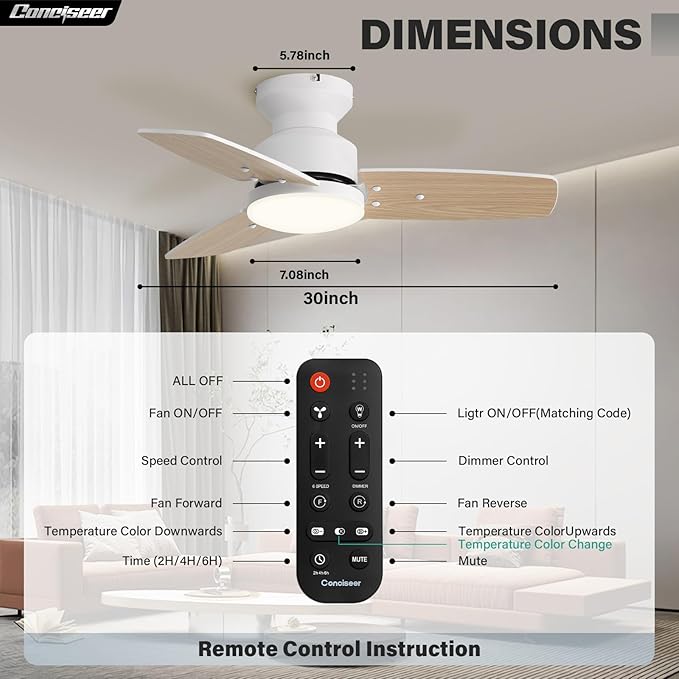 Conciseer 30 Inch Ceiling Fans with Lights and Remote, Bedroom Living Room Office, Flush Mount, 3CCT Dimmable, Dual Color 3 Blades, 6 Speed Reversible Quiet DC Motor, White/Wood Grain, 2 Pack
