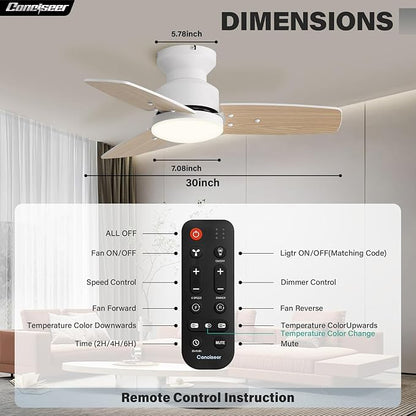 Conciseer 30 Inch Ceiling Fans with Lights and Remote, Bedroom Living Room Office, Flush Mount, 3CCT Dimmable, Dual Color 3 Blades, 6 Speed Reversible Quiet DC Motor, White/Wood Grain, 2 Pack