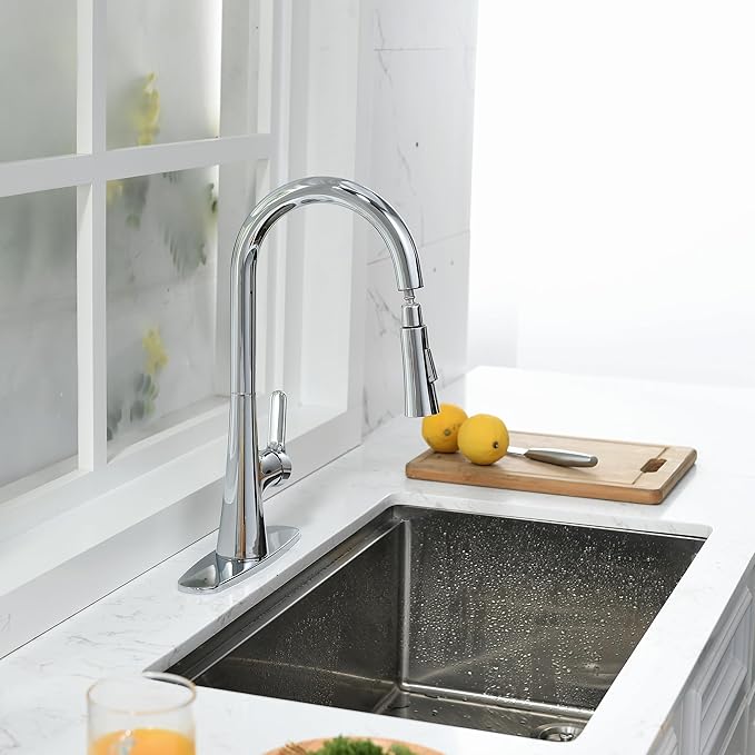 Kitchen Faucet with Pull Down Sprayer, Polished Chrome Kitchen Sink Faucet 1 or 3 Hole, High Arc Single Handle Spot Resist Stainless Steel Kitchen Faucets for Farmhouse Camper Laundry Rv Bar
