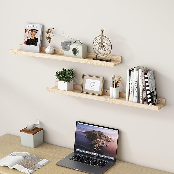 Picture Ledge Shelf for Wall, 36 inch Solid Pine Wood Nursery Book Shelves 2 Packs, Floating Ledge Shelves for Kids' Room Bedroom Bathroom Living Room Photo Frames Office Nursey Wall Decor, Natural