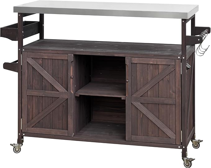 Modern Dining Table Outdoor Kitchen Island with Cabinet, Rolling Bar Cart, Farmhouse Solid Wood Grill Table with Stainless Steel Top, Spice Rack, Towel Rack for Kitchen Dining Room Tables,Brow