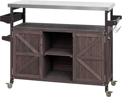 Modern Dining Table Outdoor Kitchen Island with Cabinet, Rolling Bar Cart, Farmhouse Solid Wood Grill Table with Stainless Steel Top, Spice Rack, Towel Rack for Kitchen Dining Room Tables,Brow
