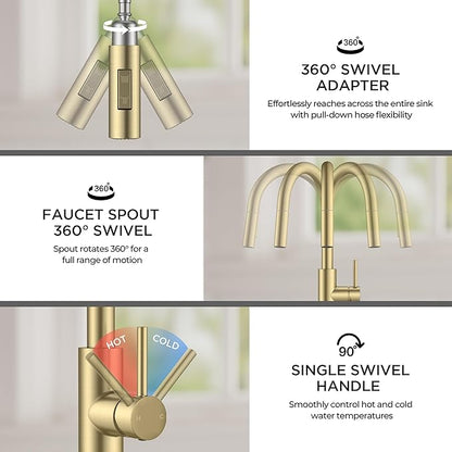 FORIOUS Kitchen Faucet with Pull Down Sprayer, Classic Brushed Gold, Single Handle High Arc Stainless Steel Kitchen Sink Faucet, 1 or 3 Hole Deck Mount for RV, Bar, Farmhouse, Laundry, Outdoor