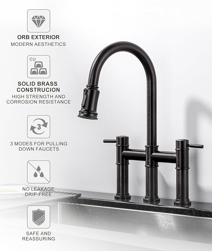Bridge Faucet for Kitchen Sink: iVIGA Oil Rubbed Bronze Farmhouse 3 Hole Kitchen Faucet with Pull Down Sprayer - 2 Handle High Arc Brass Faucet with 360° Swivel, with Supply Lines