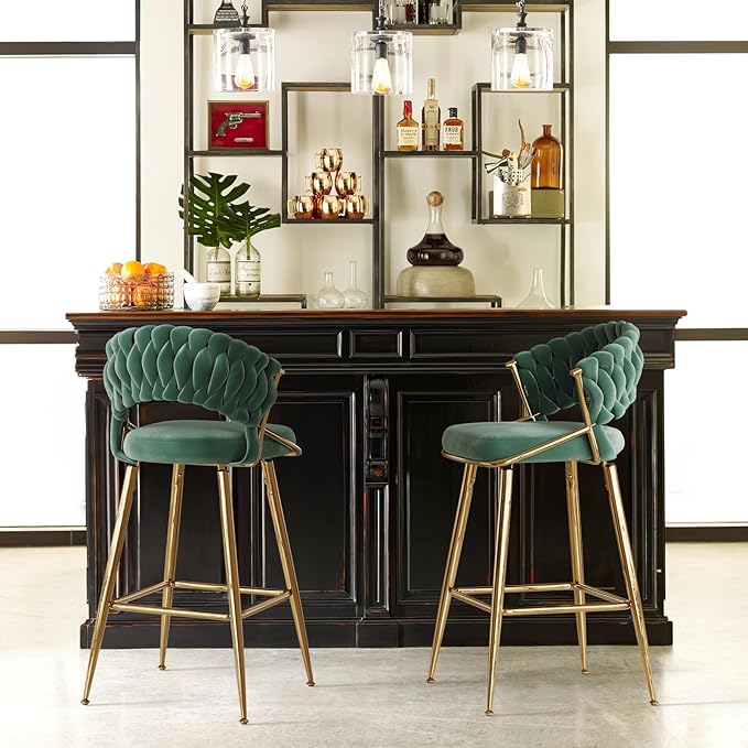 25.2" Velvet Counter Stool with Gold Accents, Ergonomic Plush Seat for Kitchen Island Bar