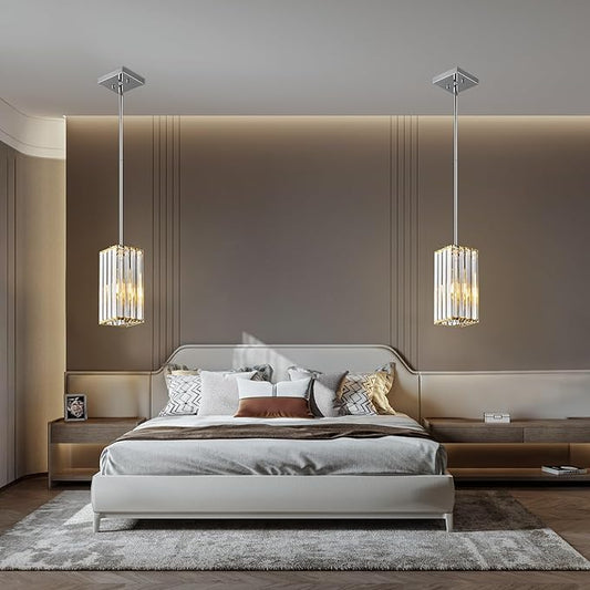 Modern Pendant Light Chrome Rectangle Pendant Lighting Mini Crystal Chandeliers Adjustable Pendant Light Fixture for Kitchen Island Dinning Room Living Room Corridor Bedroom(Chrome 2-Pack)